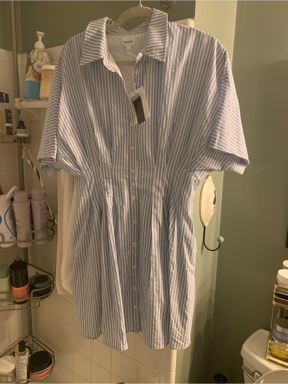 Aureum NEW Blue & White Striped Button Front Dolman Sleeve Mini Pleated Dress L
